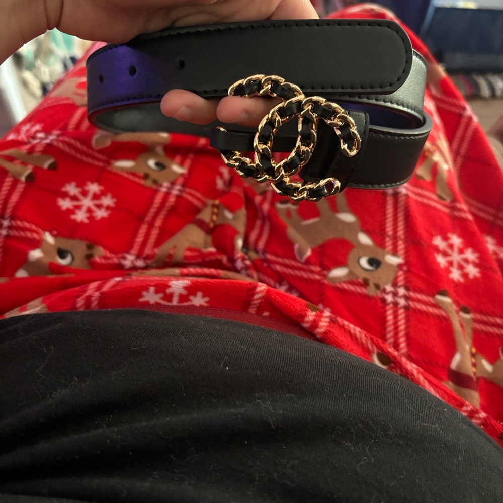 Black Leather Belt with Gold Chain Buckle